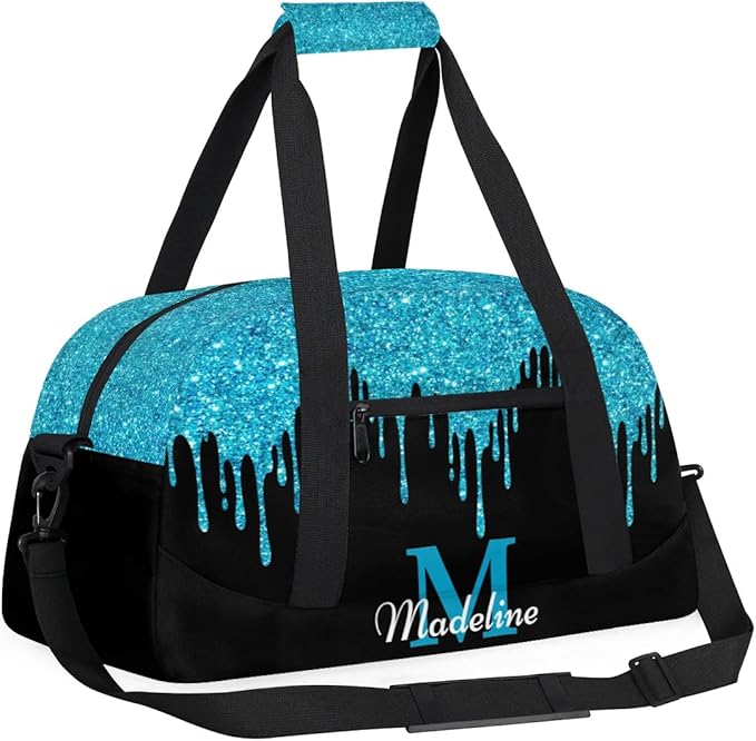 Personalized Kids Sports Duffel Bag with Name Custom Weekender Overnight Bag for Boys Girls Gym Bag Travel Dance Gymnastics Duffel Bag, Blue Shiny