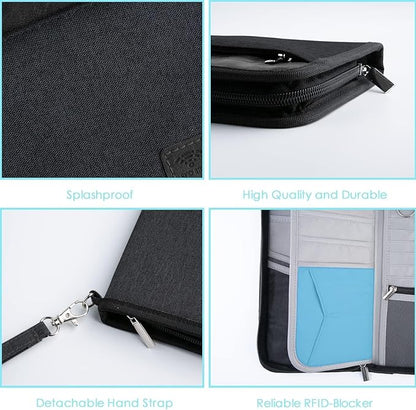 Real Leather Wallet RFID Family Passport Holder Waterproof Travel Essentials (All Black)