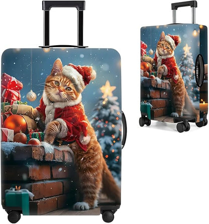 Christmas Cat Luggage Cover – Cute Santa Kitty Suitcase Protector, Holiday Travel Luggage Sleeve, Stretchable & Waterproof,L