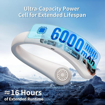 Portable Neck Fan with 6000mAh USB - Rechargeable Battery, Ultra-Light Bladeless Neck Fan LED Display, 360° Cooling Wearable Fan, 3 Speeds (White)