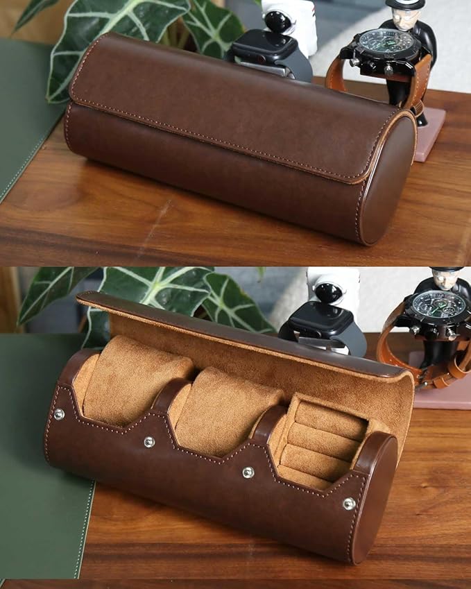 Mens Watch and Cufflink Travel Set, PU Leather Case - 2 Watch & Cufflink Organizer, Portable Storage Box Gift Set