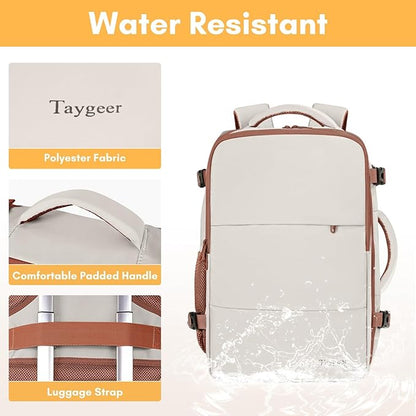 Taygeer Backpack for Women, College Backpack with Laptop Compartment & Shoe Pouch, 35l Travel Laptop Mochila Carry On Luggage, Airline Approved Personal Item Bag For Weekender Gym Hiking, Khaki White