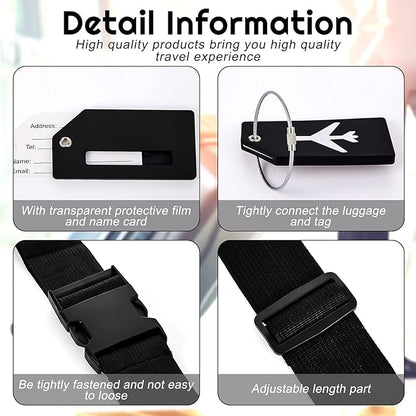Weewooday 8 Pcs Luggage Straps Suitcase Tags Set for TSA Approved, 4 Travel Adjustable Suitcase Belt, 4 Silicone Luggage Tags with Name ID Card Travel Accessories(Black,Airplane)
