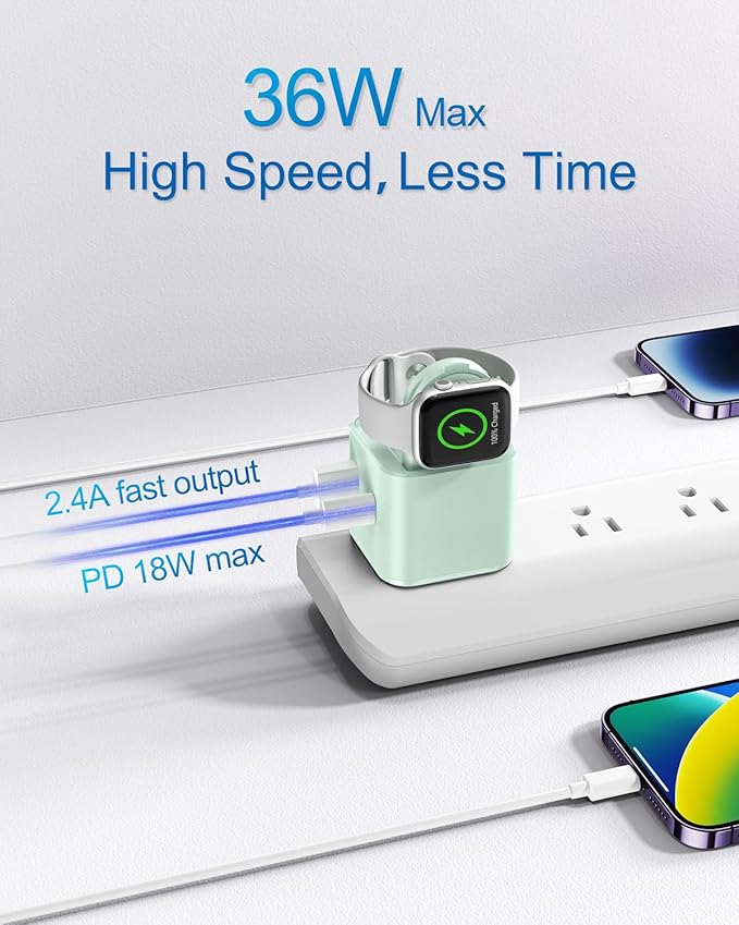 36W for Apple Charging Block with Built-in Watch Charger, Foldable PD Fast Charger Block for iPhone, Dual Ports Wall Charger Compatible with Apple Watch iPhone AirPods(Green)