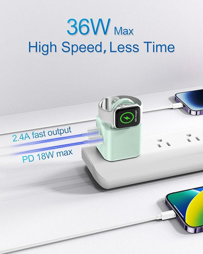36W for Apple Charging Block with Built-in Watch Charger, Foldable PD Fast Charger Block for iPhone, Dual Ports Wall Charger Compatible with Apple Watch iPhone AirPods(Green)