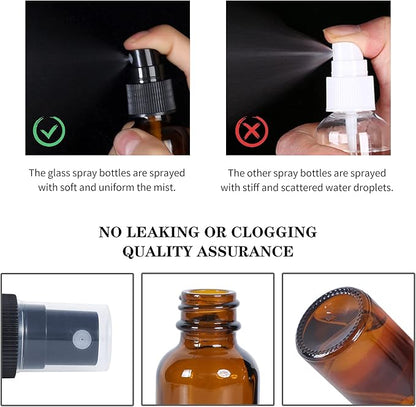 2oz Glass Spray Bottle, Fine Mist Boston Glass Bottles with Black Fine Mist Sprayer Small Clear Bottles for Essential Oils, Bath, Beauty, Hair & Cleaning, Amber, Pack of 24