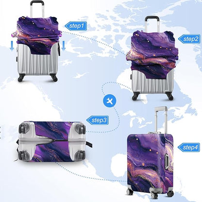 FOREVER QUEEN Luxury Purple Gold Marble Luggage Cover Suitcase Protector Suitcase Cover Anti-Scratch,Stretchable Bag Cover Washable Durable Polyester