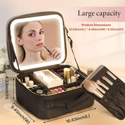 Travel Makeup Bag with LED Lighted Mirror, Cosmetic Makeup Organizer Bag with 3 Color Setting, Makeup Train Case with Adjustable Dividers for Women Makeup Brushes Jewelry Accessories (Black)