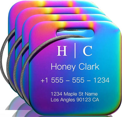 Stainless Luggage Tags for Suitcases 4 Pack: Metal Personalized Luggage Tags for Backpacks & Bags with Customizable Texts (Rainbow)