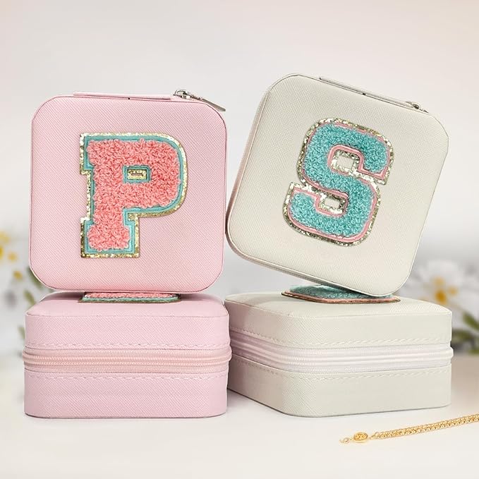 SANDJEST Personalized Jewelry Box, Pink Travel Jewelry Box with Initial P, Small Monogrammed Jewelry Case Organizer for Girls Women Teen Kids, Mini Travel Essentials Gifts for Birthday Christmas