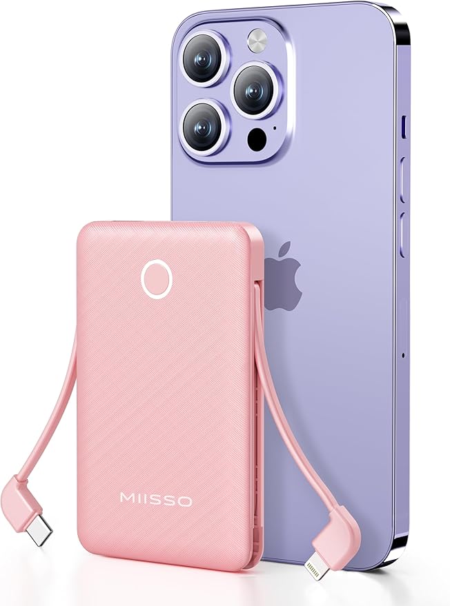 miisso 6000mah Ultra Slim Built in Cables Power Bank, Card Size Built in USB C Cords Battery Pack Portable Charger for Phones, 3 Output External Battery Pack Compatible with iPhone, Pink