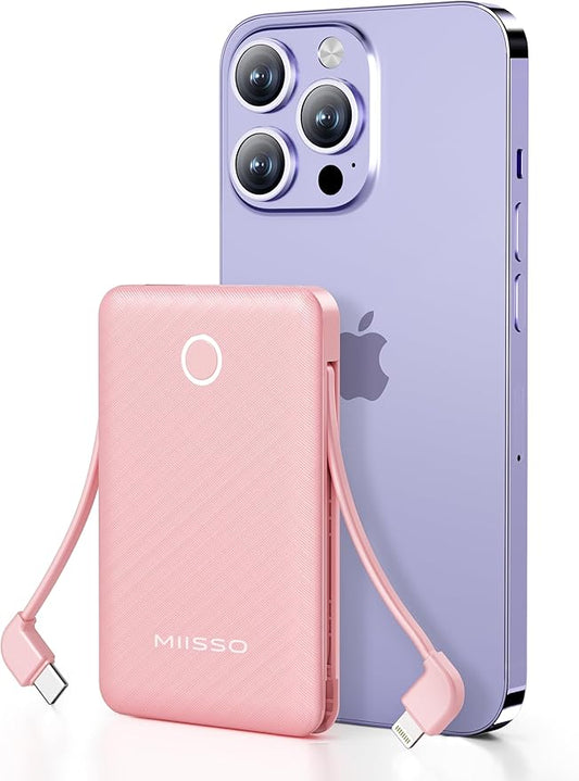 miisso 6000mah Ultra Slim Built in Cables Power Bank, Card Size Built in USB C Cords Battery Pack Portable Charger for Phones, 3 Output External Battery Pack Compatible with iPhone, Pink