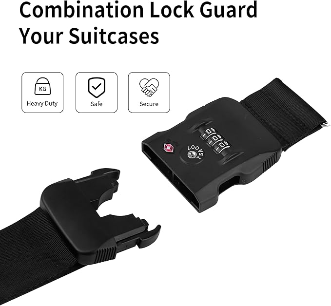 Luggage Straps, TSA Approved Black Heavy Duty Suitcase Belt with Combination Lock, Adjustable Cross Strap for Checked and Carry-On Bags, Includes ID Name Tags (1-Pack)