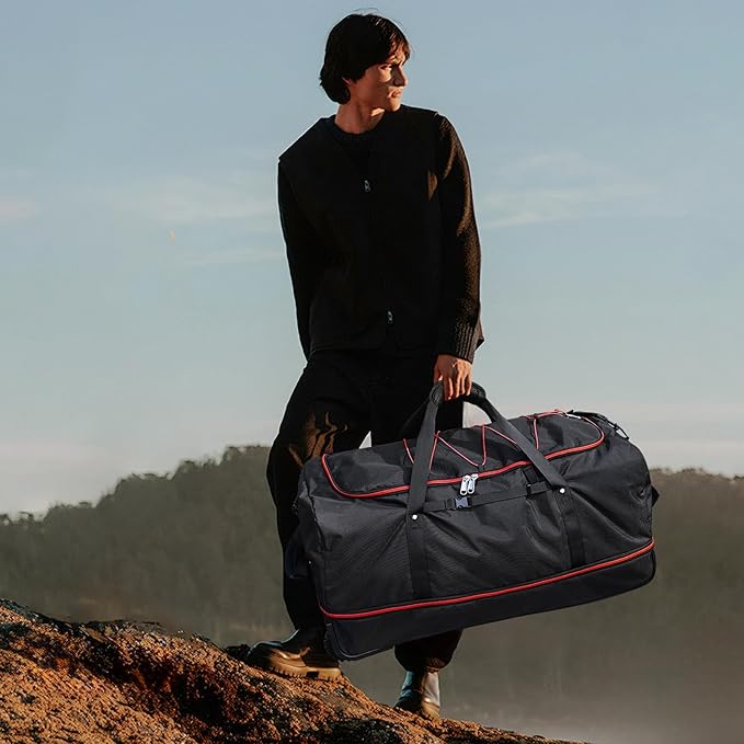 Vomgomfom Wheeled Collapsible Duffel Bag,110L-140L Expandable Checked Luggage, No-Telescopic-Handle with Anti-Burst Zipper & Reinforced Frame,Black-red