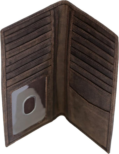 ELIZO Men's Genuine Leather Long Wallet - RFID Blocking Rodeo Checkbook Wallet | Slim Western Bifold Wallet with 16 Card Slots, ID Window | Top Grain Leather Cowboy Wallet