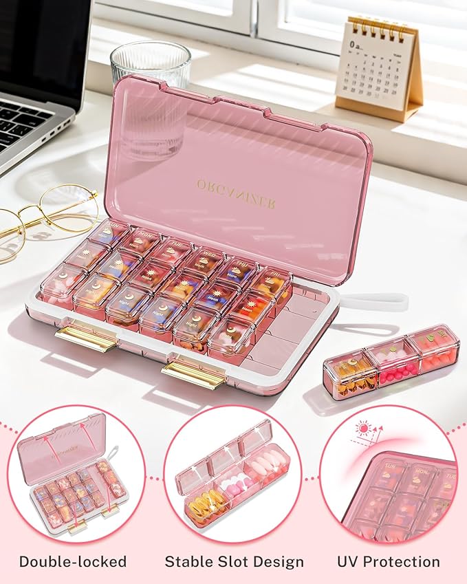 Pill Organizer 3X a Day, Large 7 Day Pill Box 3 Times a Day Portable for Family/Travel Medicine Case for Vitamins, Fish Oil and Supplements（Pink）