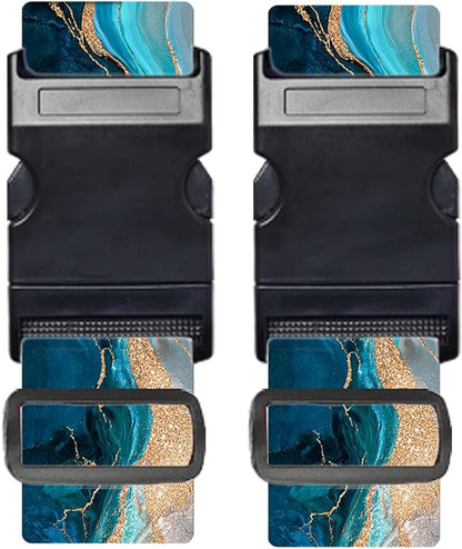 Nuxovilar Luggage Straps of 2 Set Blue & Gold Fluid Art Pattern, 1.96x90.5 inches - Luggage Straps for Suitcases, Nice for Art Lovers, Travel, Adventures