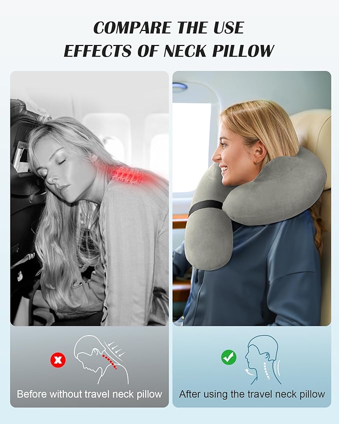 Inflatable Neck Pillow for Travel, Travel Pillow Support Head and Neck, Travel Neck Pillow for Airplane,Train,Car,Office,Home,Washable Cover (Grey)