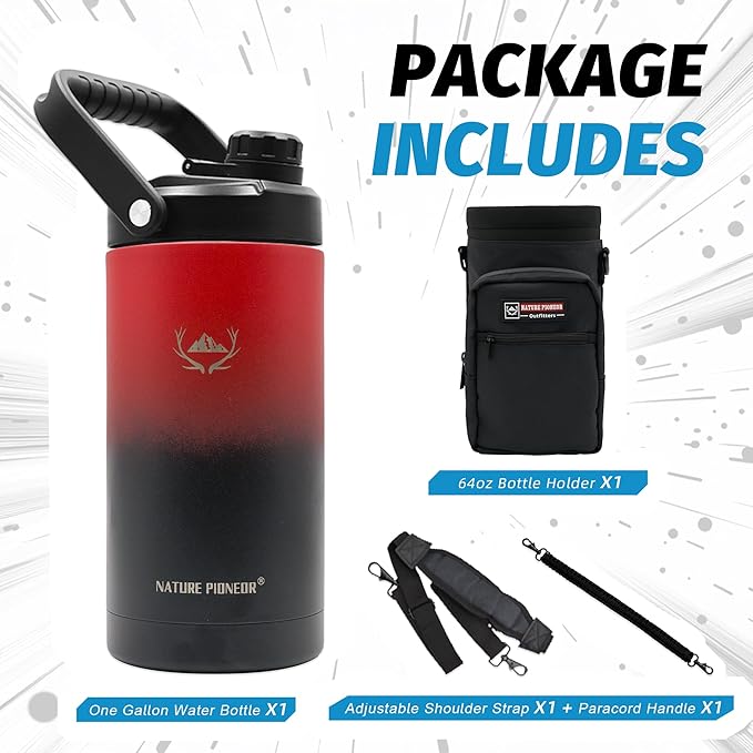 NATURE PIONEOR Insulated Water Bottles with Strap - 64 oz Stainless Steel Vacuum Wide Mouth Bottle with Holder/Carrier/Sleeve - 18/8 Food Grade 64oz Half Gallon Water Jug