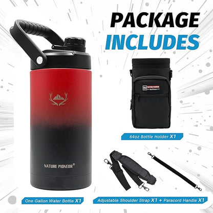 NATURE PIONEOR Insulated Water Bottles with Strap - 64 oz Stainless Steel Vacuum Wide Mouth Bottle with Holder/Carrier/Sleeve - 18/8 Food Grade 64oz Half Gallon Water Jug