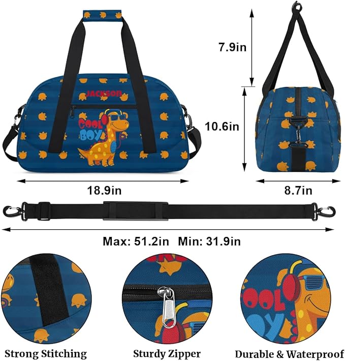 Personalized Duffel Bag for Kids Girls Boys, Cute Dinosaur Custom Name Gym Bag Overnight with Padded Handles Carry On Weekend Sports Travel Bag for School Practice Gymnastics Ballet