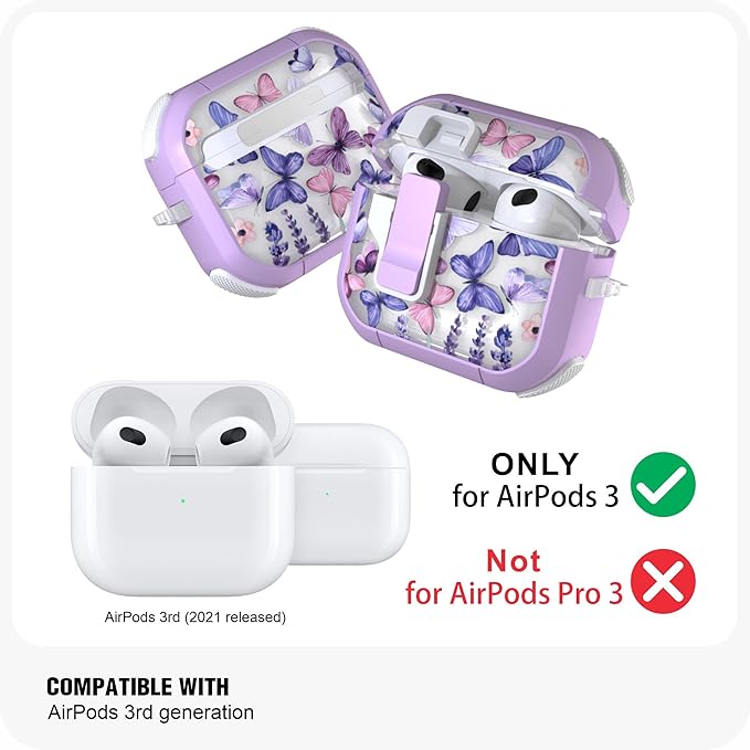 WENEW Case for AirPods 3 Case Cover Secure Lock Automatic Snap Switch Clip Cleaner Kit Lanyard Women Stylish Flower Armour Hard Shell Full Body Front LED Visible (Purple Butterfly, AirPods 3rd)