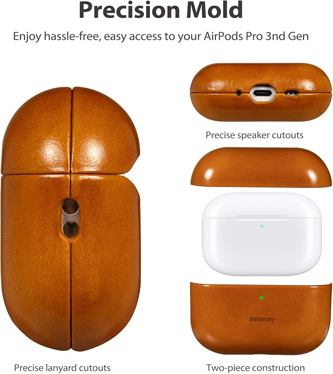 Belemay Handcrafted Oil-Waxed Leather Case for AirPods Pro 3rd Gen (2025), Genuine Cowhide, Smooth Glossy Lively Two-Tone Patina, Compatible with MagSafe, Compatible with Airpods Pro 3, Amber Brown