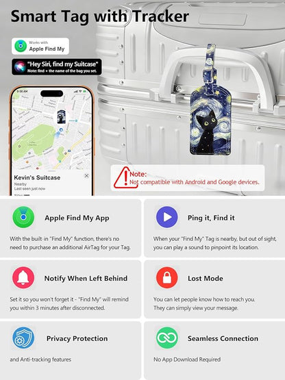 Luggage Tags Built-in Anti-Loss Tracker, Luxury Leather Luggage Tags for Suitcase, Travel Bags, Backpacks, Travel Organizer for Lost Baggage Prevention (Starry Cat)