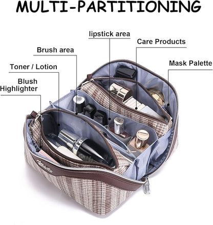 BOYATU Travel Makeup Bag for Women: Large Capacity Open Flat Make up Bag Set of 3 - Vegan Leather Cosmetic Bag with Compartments - Waterproof Toiletry Bag with Handle & Divider(I-5-Brown)