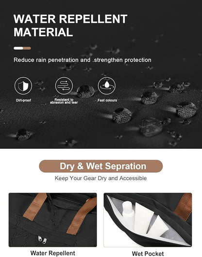 Gym Bag for Women Men with Shoe Compartment, Sport Duffel Bag, Waterproof Travel Weekender Overnight Carry on Bag for Yoga with Trolley Sleeve, Black Brown