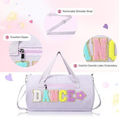 Dance Bag for Girls, KUIRAN 23L Travel Duffel Bag with Colorful Chenille Letter, Lightweight Small Gym Sport Ballet Weekender Bag with Large Main Compartment - Purple/Flower