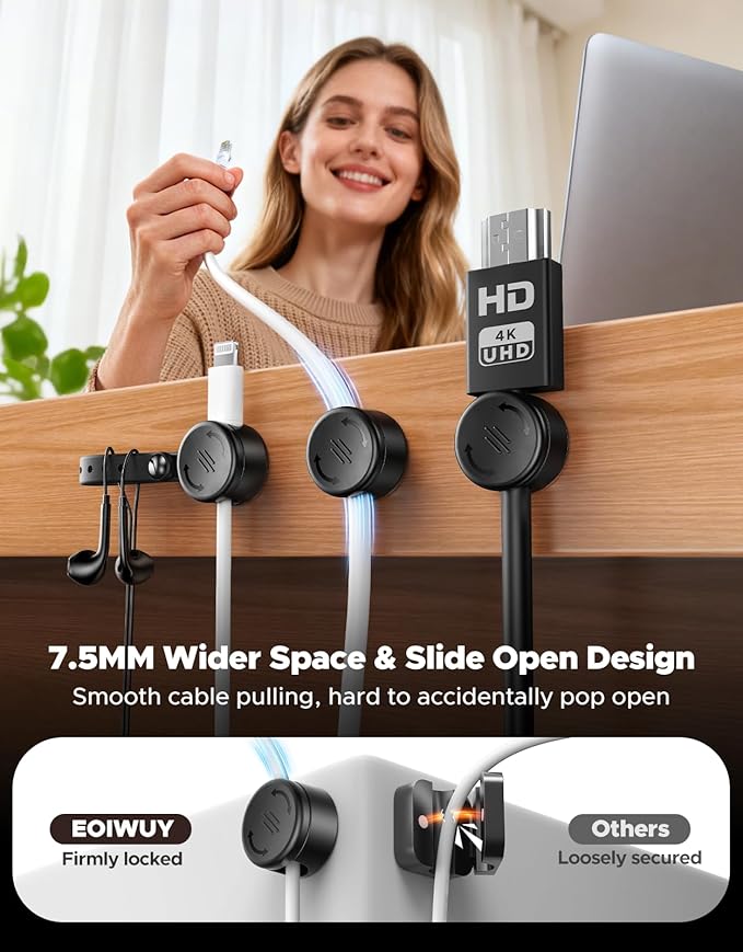 8 Pack Cord Organizer Clips with Silicone Cable Ties [2 in 1], Magnetic Cable Organizer [Smooth Adjustable & 1s Lock], Strong Adhesive Cord Holder Wire Organizer Keeper for Nightstand Desk