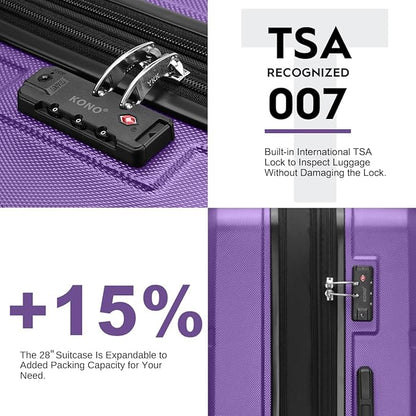 Kono 4 Piece Luggage Sets Expandable(only 28") with Spinner Wheels TSA Lock Lightweight PC+ABS Hardside Travel Rolling Suitcases 20in 24in 28in Carry on and 12in Mini Cosmetic Case Purple