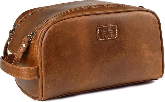 LEATHER VILLAGE Premium Leather Toiletry Travel Pouch With Waterproof Lining - Sun Tan | King-Size Handcrafted Vintage Dopp Kit Bag, Shaving & Bathroom Organizer, Gift for Men & Women