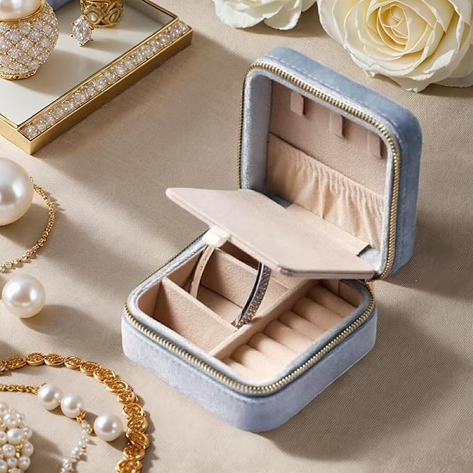 Velvet Jewelry Box, Small Travel Jewelry Organizer, Portable Jewelry Case for Women with Mirror, Sky Blue Mini Plush Travel Box