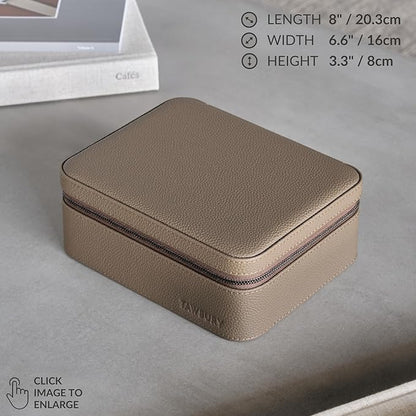 TAWBURY Watch Case - 3 Slot Portable Watch Storage Box for Home & Travel with Extra Wide Pillows for Large Watches and Compartment for Accessory Storage (Taupe)