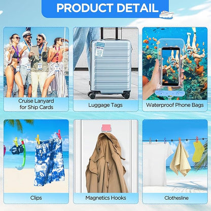 Cruise Ship Essentials, Cruise Must Haves Kits Including Non-Surge Power Strip, Lanyards for Cruise Ship Cards, Luggage Tags, Magnetic Hooks, Clothesline and Clips for All Cruise Lines