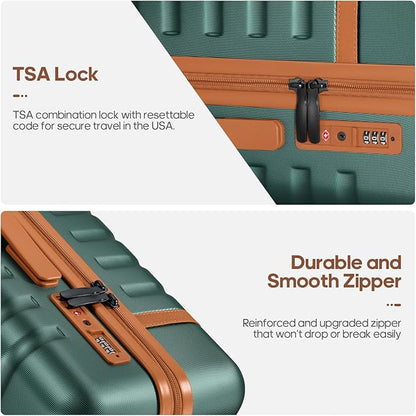 UKEIN Luggage Sets 3 Piece, PC Hardside Large Luggage 24 Inch With Spinner Wheels with TSA Lock, Carry On Suitcase Set With Travel Backpack for Men (Green, 3 piece set (24inch))