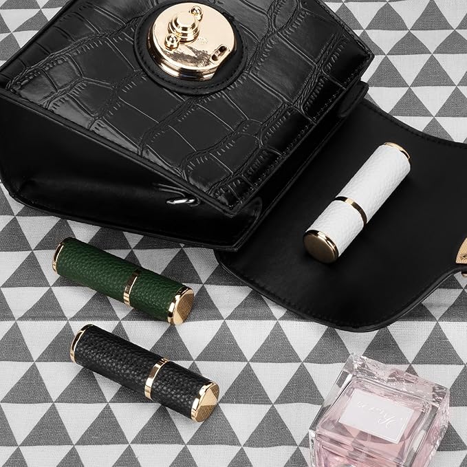 LUEXBOX 3 Pack Portable Perfume Bottle for Travel, Mini Refillable Perfume Dispenser, 5ml Faux Leather Leak Proof Perfume Atomizers Bottles Sprayer for Pocket Perfume (Black, White, Green)