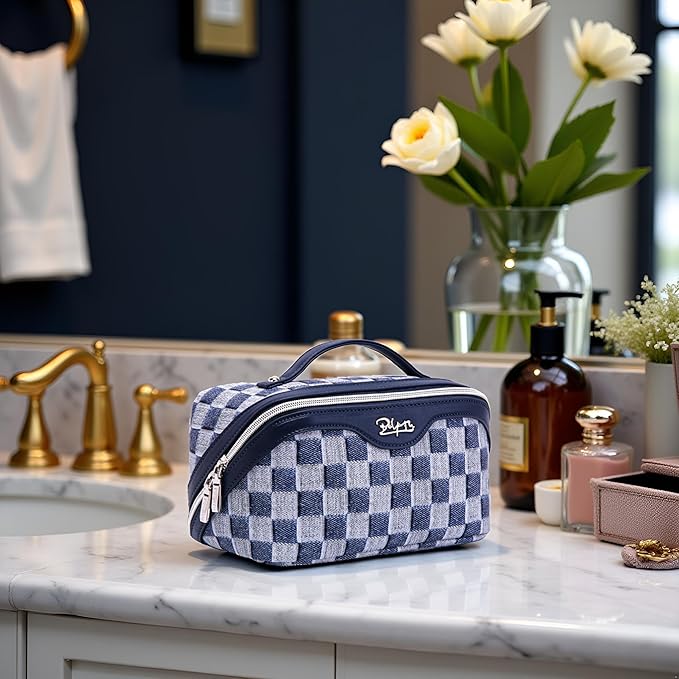 BOYATU Travel Makeup Bag for Women: Large Cosmetic Bag Set of 3 - PU Leather Make up Bag with Compartments - Compact Waterproof Toiletry Bag with Divider & Handle (D-5-Deep Blue)