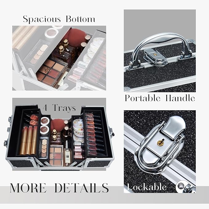 FRENESSA Makeup Train Case Portable Makeup Case Organizer Cosmetic Box Make Up Box Makeup Organizer Cosmetic Storage Cases with Locking Nail Kit Organizer Travel Case Black