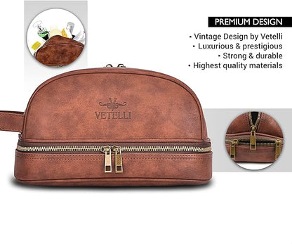 Vetell Classic Leather Men's Travel Toiletry Bag and Dopp Kit with Upper and Lower Zippered Compartments, 2 Mesh Bottle Pouches and Carrying Handle