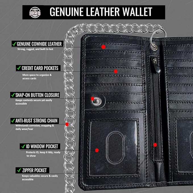 CLASSIC Motorcycle Chain Wallet for Men – Premium Cowhide Leather, RFID Bi-Fold Biker Wallet with Heavy Duty Chain for Bikers Truckers & Hunters, Credit Card Money Organizer Long Wallet Aniline Black