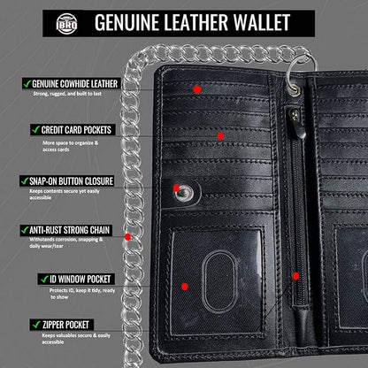 CLASSIC Motorcycle Chain Wallet for Men – Premium Cowhide Leather, RFID Bi-Fold Biker Wallet with Heavy Duty Chain for Bikers Truckers & Hunters, Credit Card Money Organizer Long Wallet Aniline Black