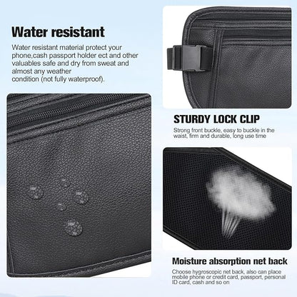 PU Leather Money Belt - Passport Holder Secure Hidden Travel Wallet with RFID Blocking, Undercover Fanny Pack(Black)