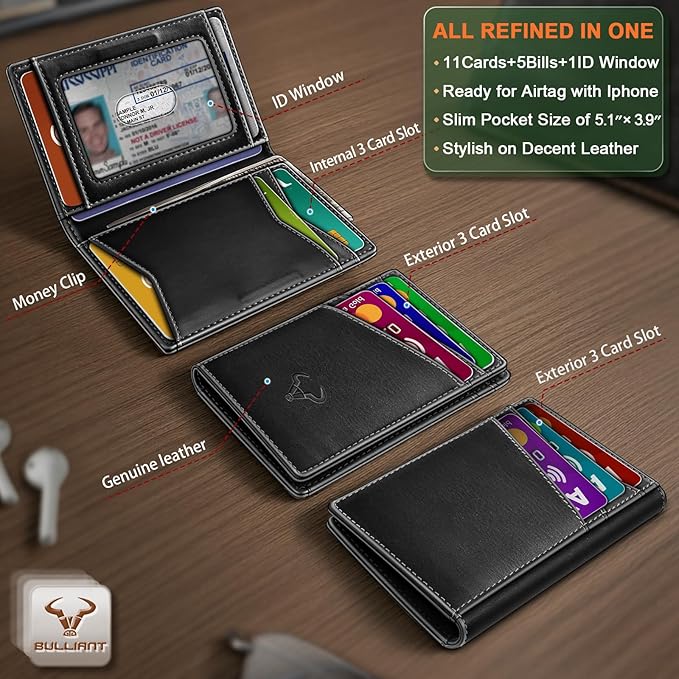 BULLIANT Men Wallet,Top Grain Leather Slim Wallet Magnetic Closure Simplifed Bill Folder RFID Blocking 11Cards