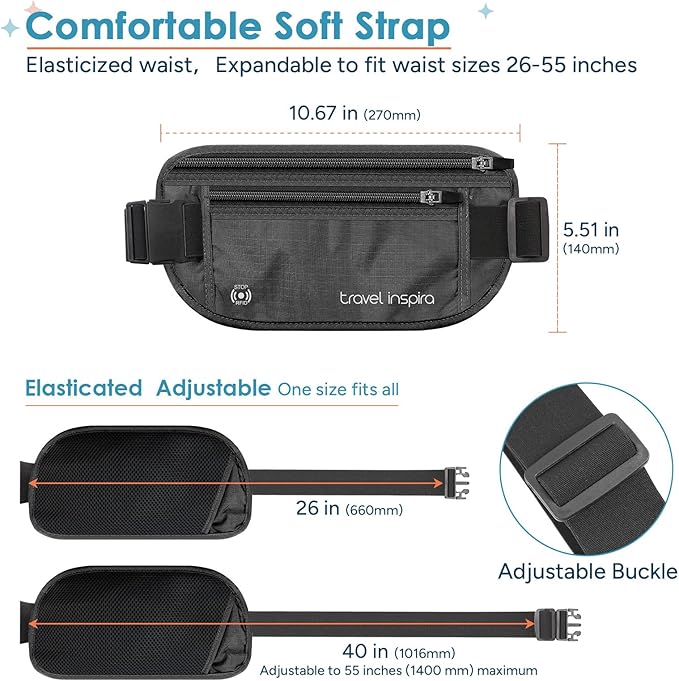 travel inspira Travel Money Belt with Slim Anti-Theft RFID Blocking Passport Holder for Travel Concealed under Clothes for Ultimate Protection of Credit Cards, Cash, Passport & Documents, Black