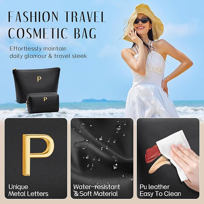 Women Gifts | Initial Makeup Bag Set for Girl Personalized Gifts for Bridesmaid Friend Graduation Teachers PU Leather Cosmetic Travel Toiletry Bag(Black,P)