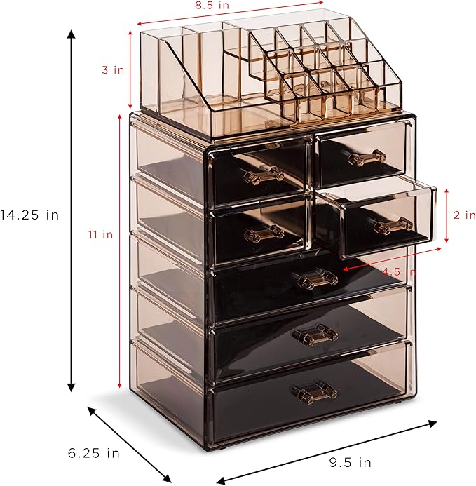 Sorbus Acrylic Makeup Organizer Set, 7-Drawer Vanity & Countertop Cosmetic Storage with Small & Wide Compartments, Bronze Glow Makeup Storage for Brushes, Jewelry – Holiday Gift for Women & Teens