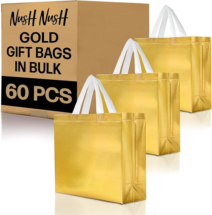 Nush Nush Shiny Large Gold Gift Bags Bulk - Set of 60 Gold Reusable Gift Bags with Handles- Ideal For Small Business, Christmas Gifts, Thanksgiving, Birthday Party Favor, Corporate Gifts - 13Wx5Dx11H
